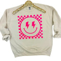 Neon Pink Checkered Happy Face Sweatshirt T-Shirts, Hoodie | RetroVerseTees.com