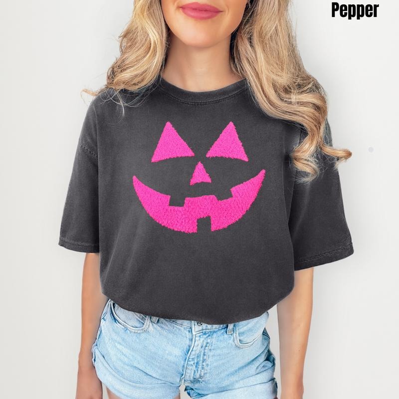 Neon Pink Jack-O-Lantern Fluffy Patch Comfort Colors T-Shirt Hoodie, Sweatshirt | RetroVerseTees.com