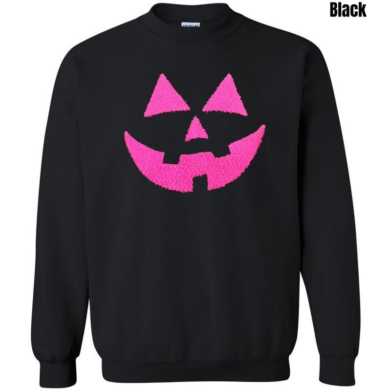 Neon Pink Jack-O-Lantern Fluffy Patch Sweatshirt T-Shirts, Hoodie | RetroVerseTees.com