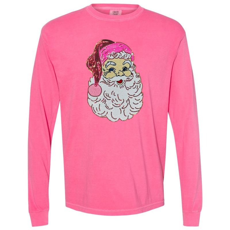 Neon Pink Santa Sequin Patch Long Sleeve Comfort Colors T-Shirt Hoodie, Sweatshirt | RetroVerseTees.com