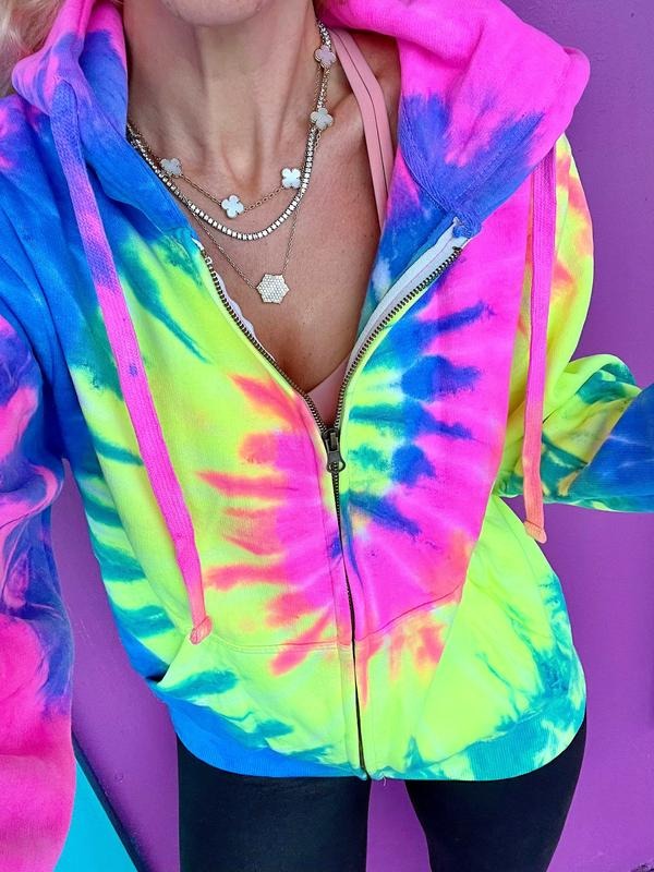 Neon Rainbow Tie-Dye Zip Up Hoodie T-Shirts, Sweatshirt | RetroVerseTees.com