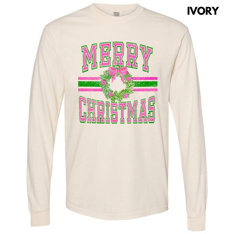 Neon Varsity Merry Christmas Long Sleeve Comfort Colors T-Shirt 'NLB' Hoodie, Sweatshirt | RetroVerseTees.com