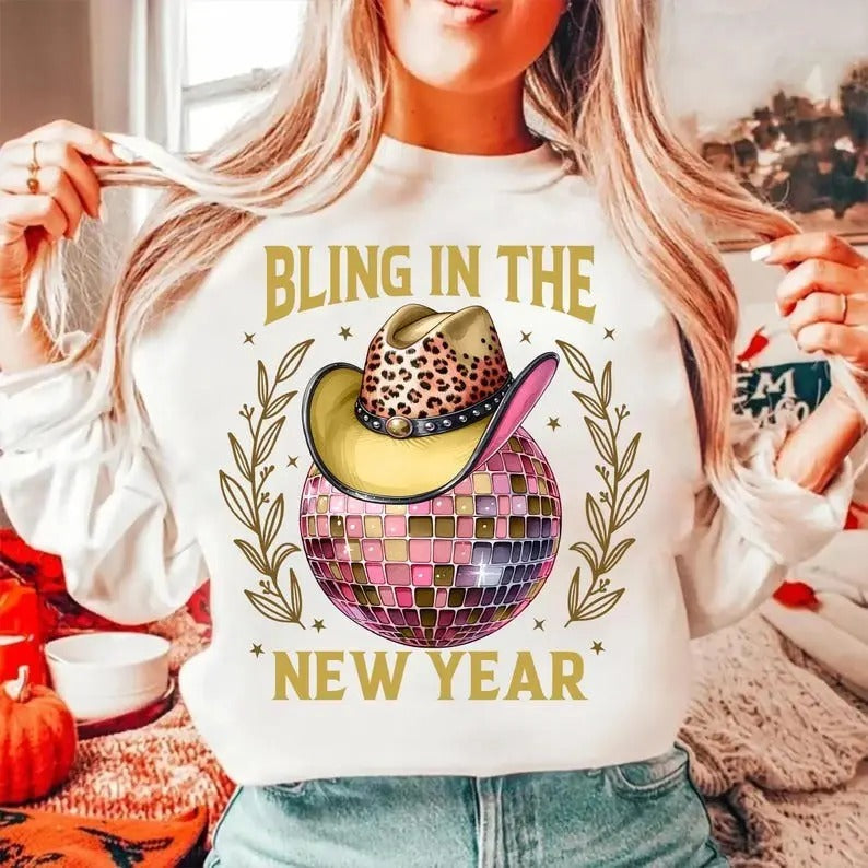 New Year 2025 Disco Ball with Leopard Cowboy Hat Sweatshirt, Western Countryside Cowgirl 2025 Shirt, Bling in The New...