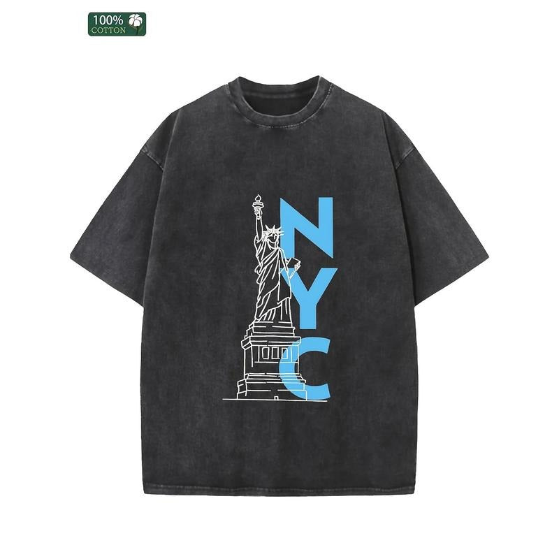 New York City Men'WB shield Gunpla brand Women'WB shield Washed Cotton T-shirt, Shoulder Drooping Short Sleeve High...