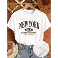 New York Print Casual Crew Neck Short Sleeve T-Shirt - FOG Medium Stretch Polyester Fabric, Semi-Sheer, Regular Fit,...