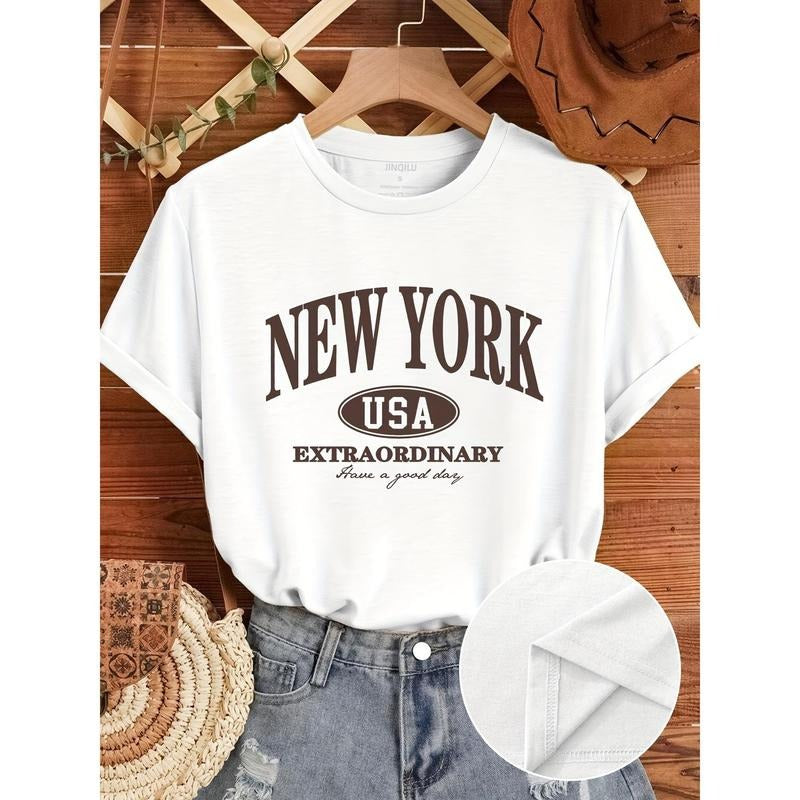 New York Print Casual Crew Neck Short Sleeve T-Shirt - FOG Medium Stretch Polyester Fabric, Semi-Sheer, Regular Fit,...