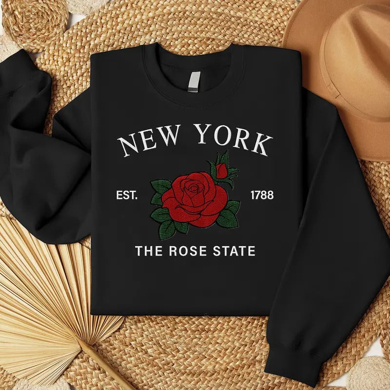 Newyork Rose Embroidered State Flower Sweatshirt, Hometown Embroidered Shirt, Favorite Flower Embroidered Shirt Hoodie
