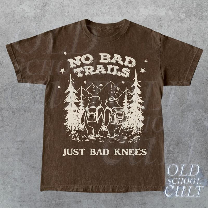 No Bad Trails Just Bad Knees Cute Bears Hiking Vintage T-Shirt, Retro 90s Forest Adventure Mountains Shirt, Funny Teddy...
