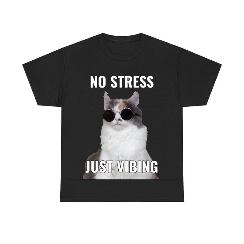 No Stress Just Vibing Funny Cat Tee, Meme Cat Tee Hoodie, Sweatshirt | RetroVerseTees.com