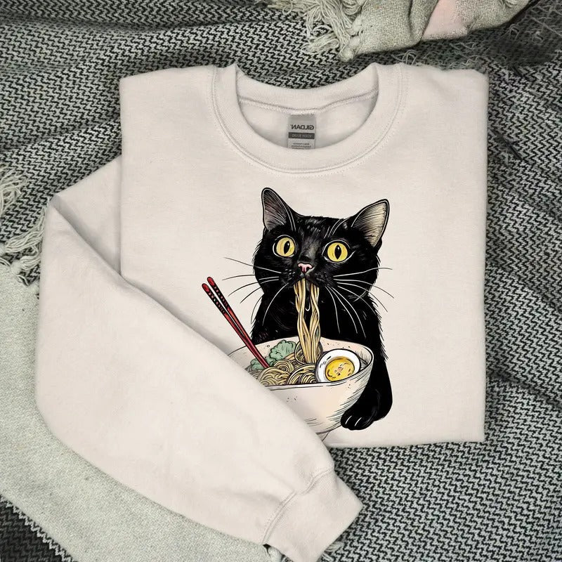 Noodle Cat Shirt, Ramen Cat T-Shirt, Foodie Lover Shirts, Black Cat Noodle T-Shirts, Retro Cat Tees, Cat Lover...