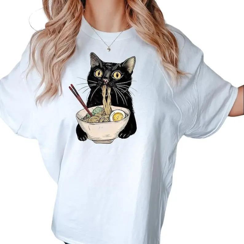 Noodle Cat T-Shirt, Ramen Cat Shirt, Retro Cat Tees, Cat Lover Shirt, Anime Tee Hoodie, Sweatshirt | RetroVerseTees.com