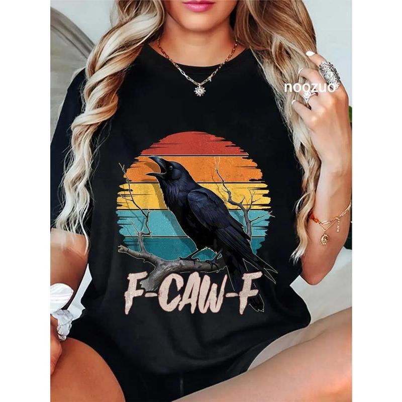Noozio 100% Cotton Unisex Black Crow F-Caw-F Funny Black Bird Moon Gothic Adult Humor T-Shirt Casual Top Everyday Graphic...