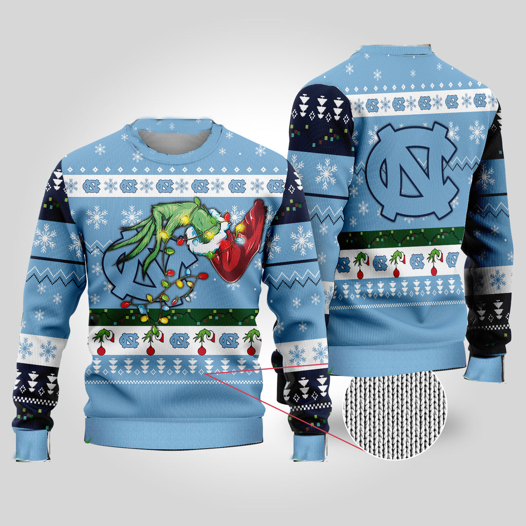 North Carolina Tar Heels NCAA Grinch Hand Ugly Christmas Sweater Jumper