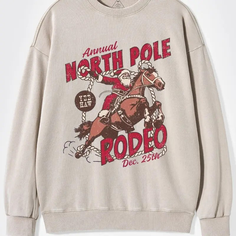North Pole Rodeo Sweatshirt, UNISEX Cowboy Santa Crewneck Vintage Country Christmas Shirt, Western Santa Claus Groovy...