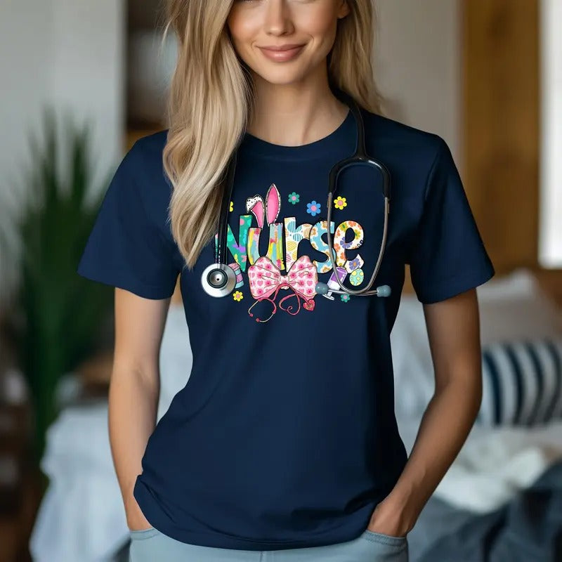 Nurse Bunny Ears & Bow Cute Colorful Graphic Unisex T-Shirt | Trendy Easter Apparel for Medical Professionals Casual...