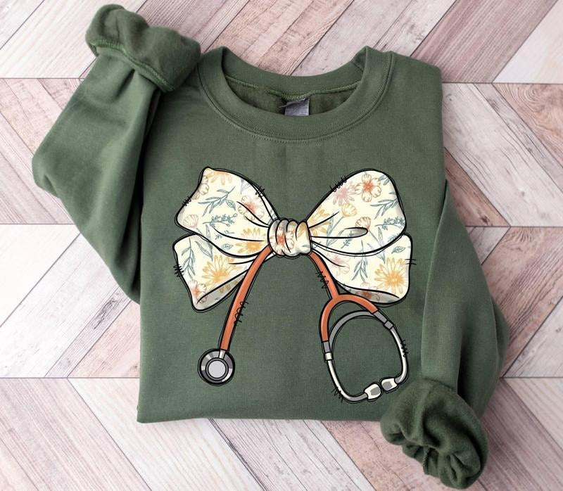 Nurse Coquette Bow Sweatshirt, Stethoscope Bow Sweatshirt, Nurse Ribbon Sweatshirt, Healthcare Professionals Shirt, Gift...