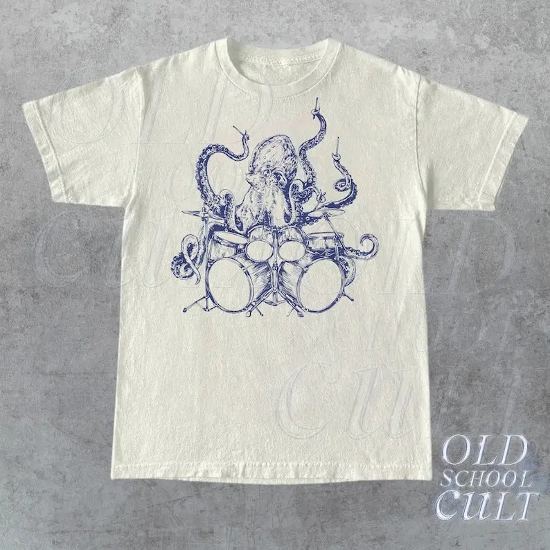 Octopus Playing Drums Retro T-Shirt, Octopus Vintage Tattoo Style Shirt, Unisex Funny T Shirt, 90s Graphic Tee, Octopus...