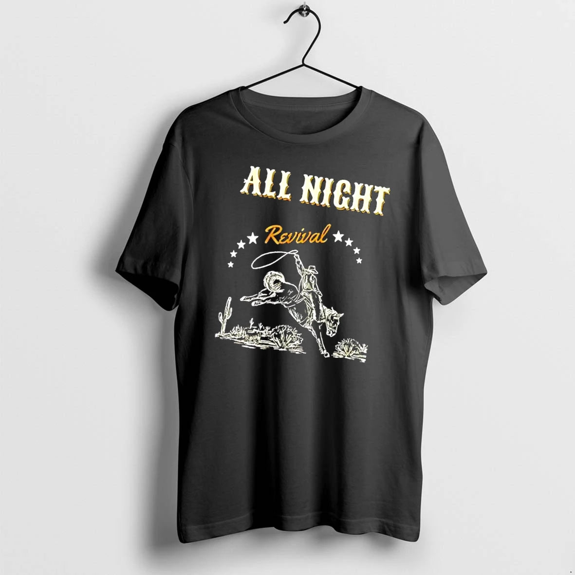 Officials All Night Revival Cowboy Bucking Horse Desert Cactus Line Art Mens T Shirt Sweater