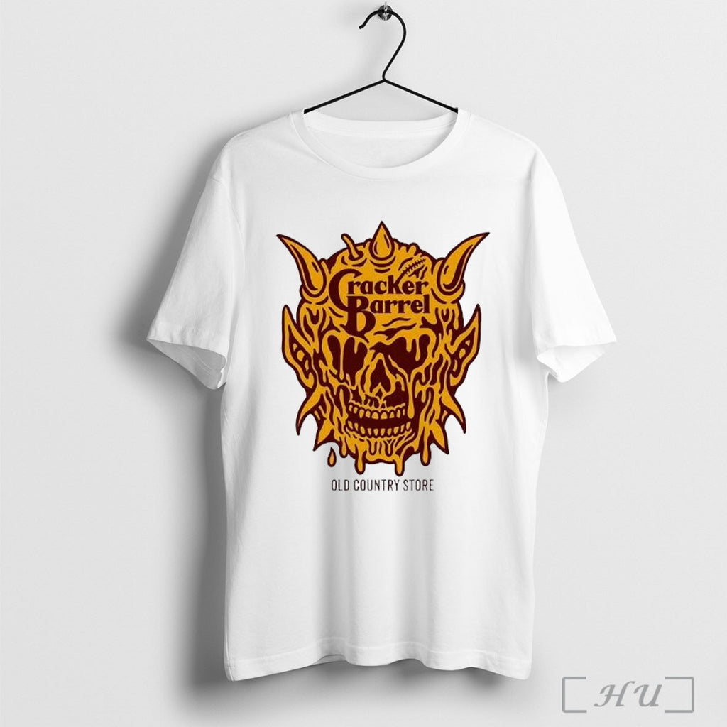 Officials Cracker Barrel Old Country Store Demon Melting Skull Logo Posters White T Shirt