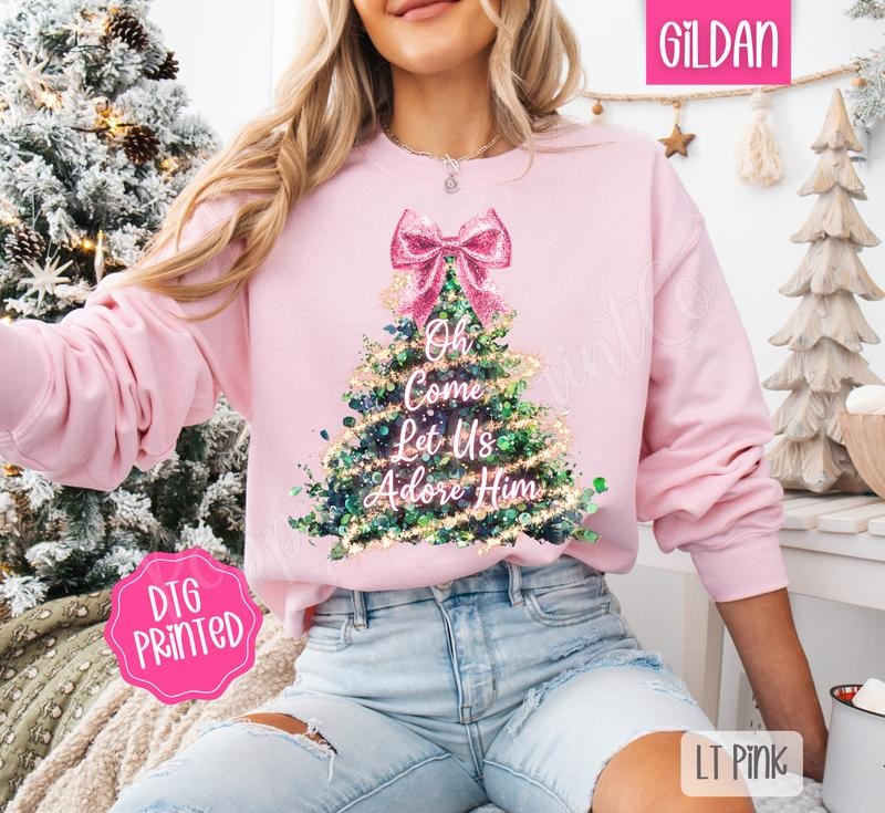 Oh Come Let Us Adore Him Pink Glitter Sweatshirt, Trendy Women's Christmas Crewneck T-Shirts, Hoodie | RetroVerseTees.com