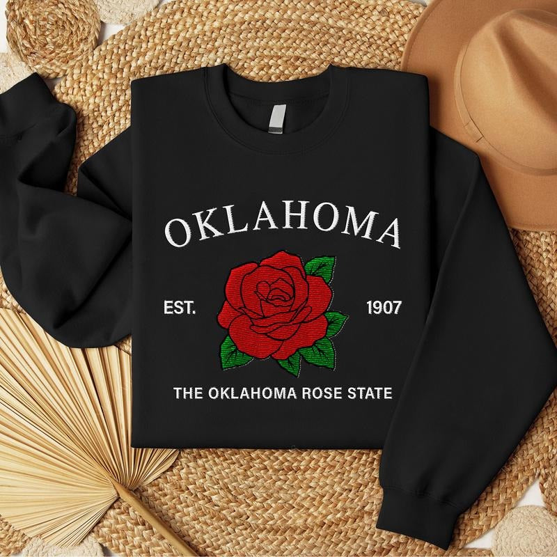 Oklahoma Rose Embroidered State Flower Sweatshirt, Hometown Embroidered Shirt, Favorite Flower Embroidered Shirt Hoodie