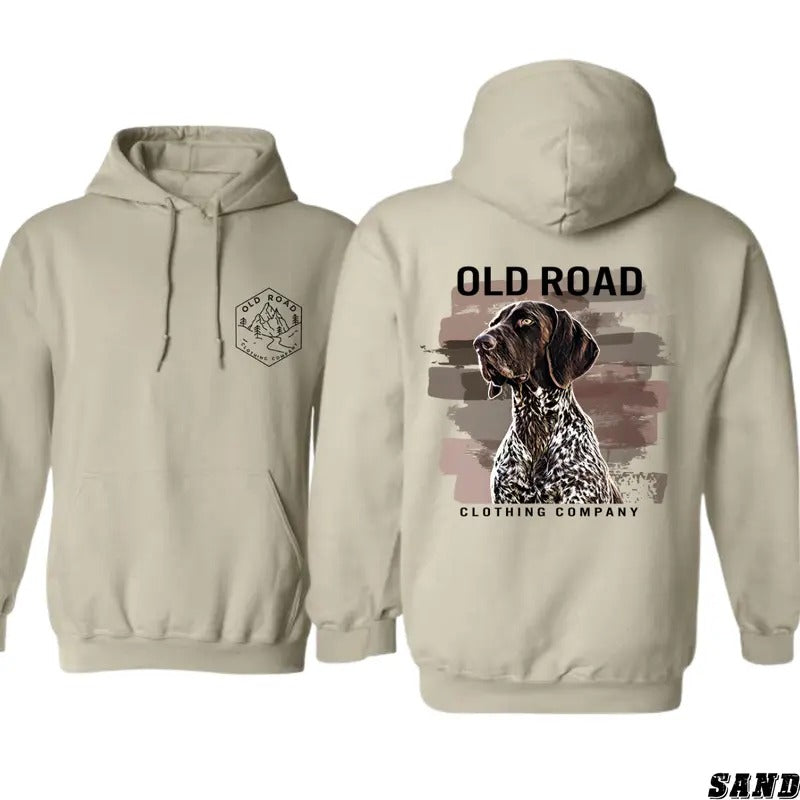 Old Road Hoodie - Vintage Hunting Dog Design Showcasing Artistic Canine Graphics, country boy clothing, Ideal for Outdoor...