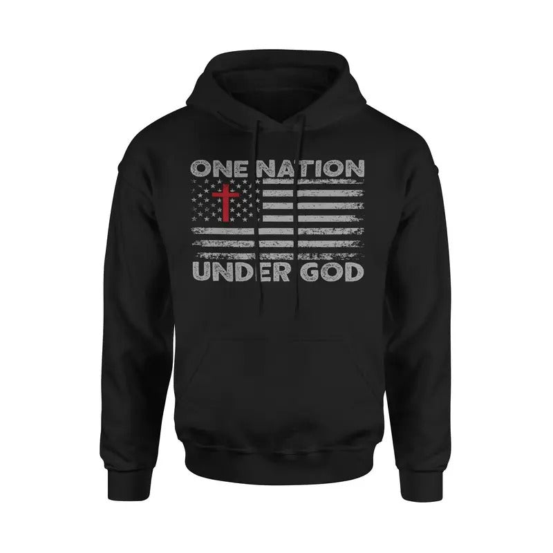 One Nation Under God American Flag With Cross Patriotic Hoodie Sweatshirt Cotton Fabric T-Shirts | RetroVerseTees.com