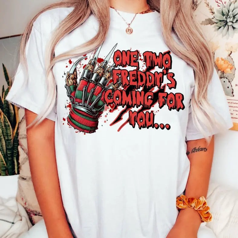 One Two Freddyy ComING For You Halloween Horror Graphic Tee Hoodie, Sweatshirt | RetroVerseTees.com