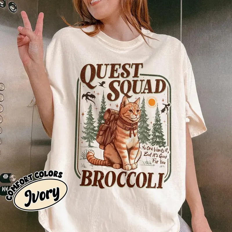 Onyx Storm Quest Squad Broccoli Comfort Colors Shirt, Fourth Wing Shirt, Broccoli Cat TShirt, Ridoc Romantasy Fan Shirt,...