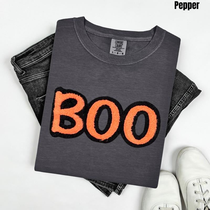 Orange & Black BOO Fluffy Patch Comfort Colors T-Shirt Hoodie, Sweatshirt | RetroVerseTees.com