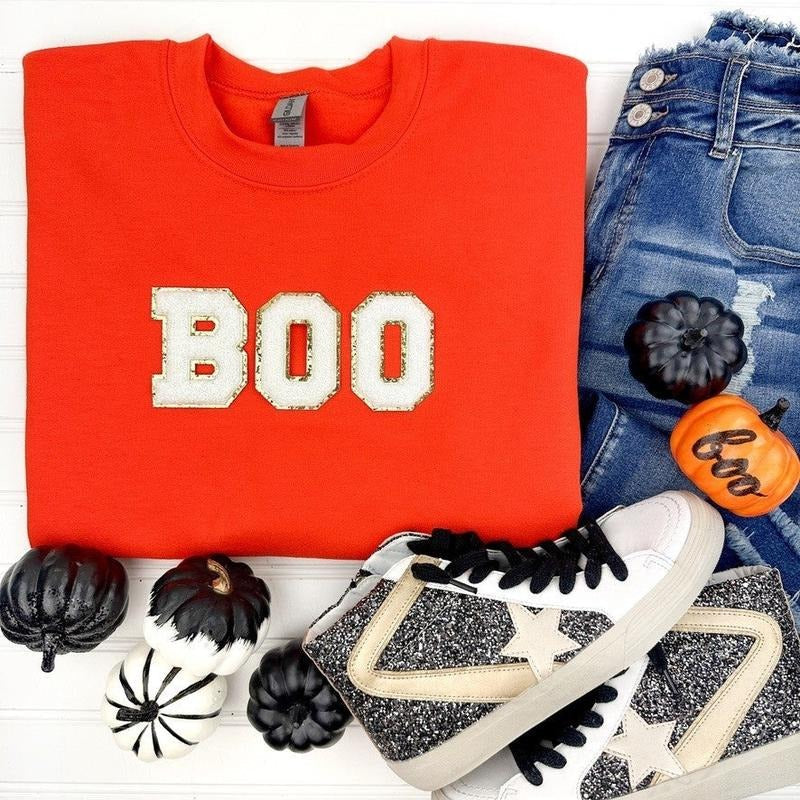 Orange BOO Patch Sweatshirt T-Shirts, Hoodie | RetroVerseTees.com