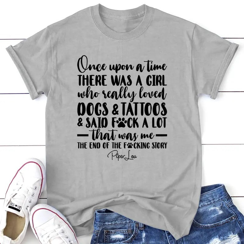 A Girl Who Really Loved Dogs And Tattoos Apparel, Printed In The USA, Tee / Tank / V Neck Gray / White / Blue / Hot Pink...