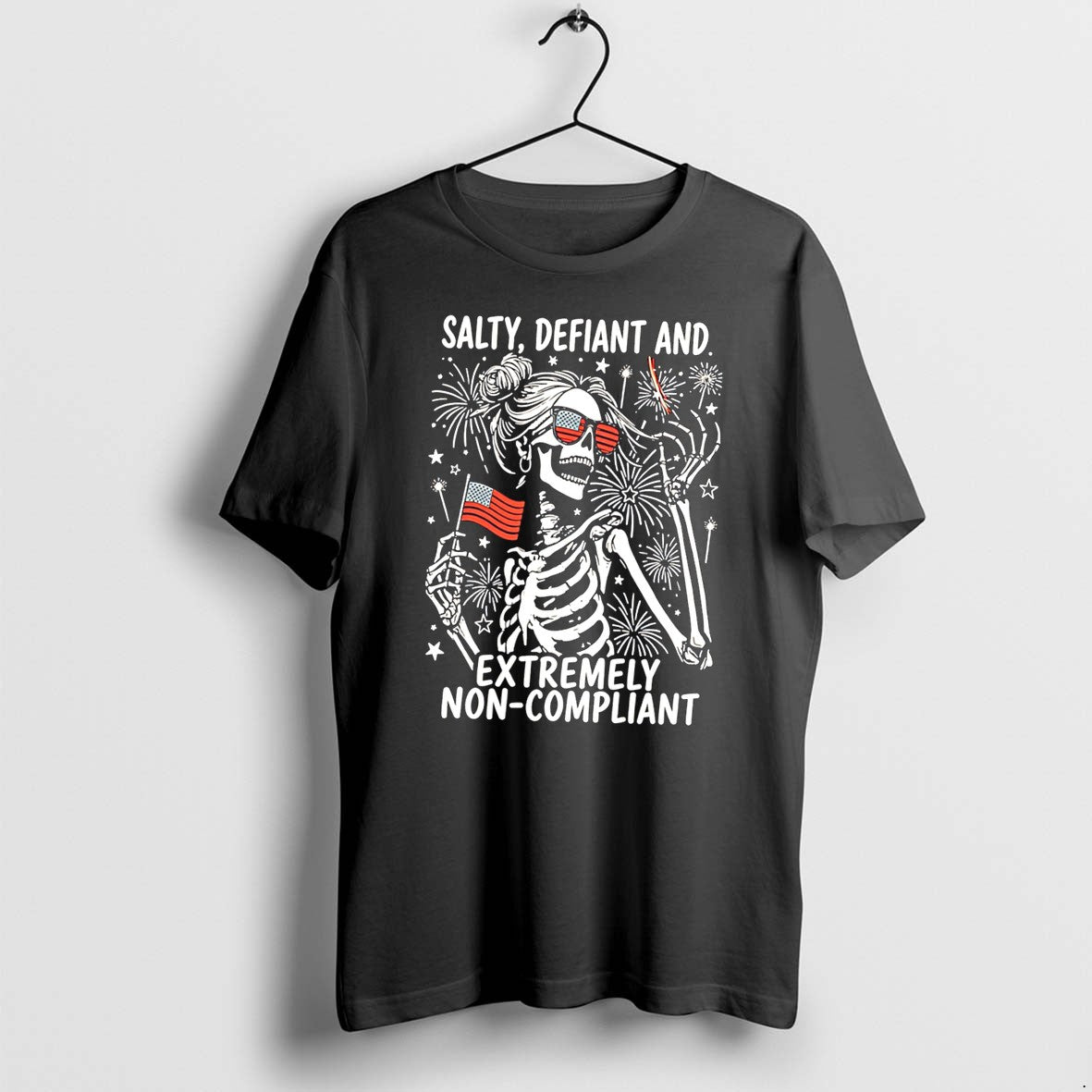 Original Salty Defiant And Extremely Non Compliant Skeleton Holding Usa Flag Tee Tshirts