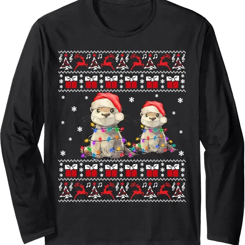 Otter Ugly Christmas Sweater Xmas Lights Family Matching Long Sleeve T-Shirt Hoodie, Sweatshirt | RetroVerseTees.com