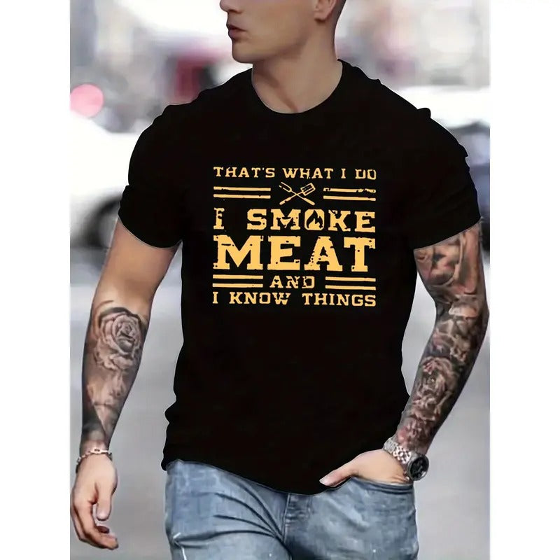 Outdoor Men's T-shirt, comfortable and breathable, men's T-shirt, family man smoking on barbecue printed T-shirt, top as a gift Made in USA