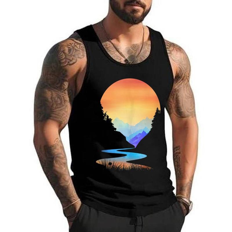 Outdoor Sunset Vintage Style Mountains Sun Nature Unisex Tank Top, Cotton, Size S-3XL T-Shirts, Hoodie, Sweatshirt