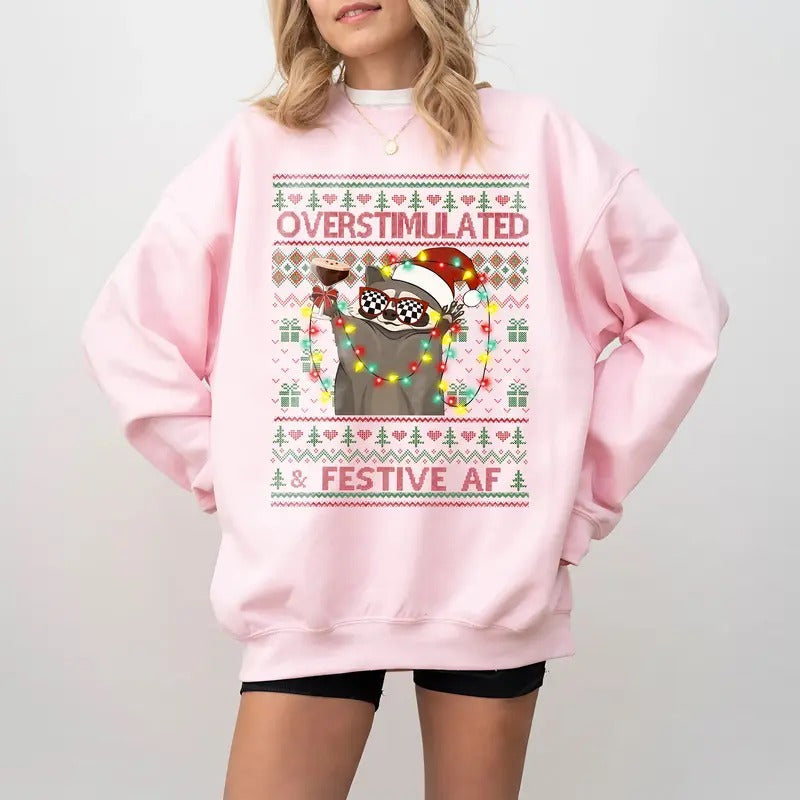 Overstimulated & Festive Af Raccoon Christmas Sweatshirt, Ugly Christmas Sweater Party Sweatshirt, Funny Weirdcore Meme...