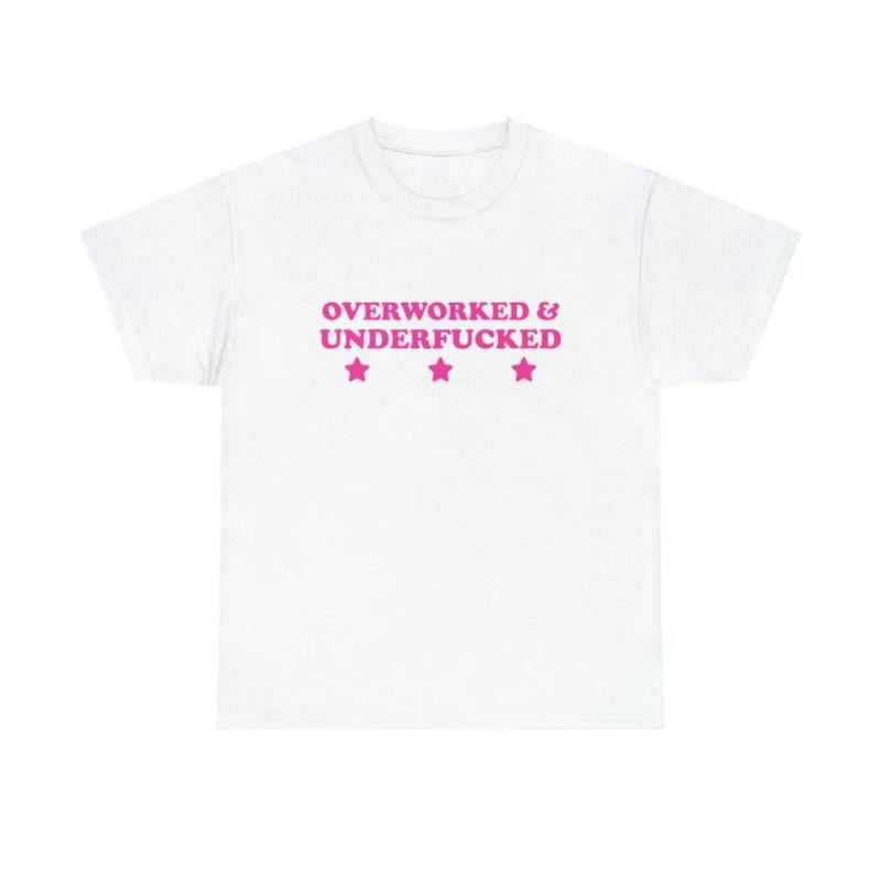 Overworked & Underfucked Unisex Heavy Cotton Tee Y2K Iconic Funny Mouthless cat Girl Meme Phrase Shirt Sassy Sarcasm Gift...