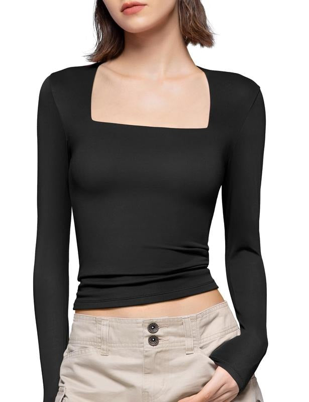 PUMIEY Women's Square Neck Long Sleeve T Shirts Slim Fit Tops Basic Tee Fabric Womenswear Comfort Streetwear Cloud Light...