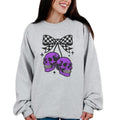 PURPLE SKULL CHERRIES WITH CHECKERED BOW Long Sleeve Crewneck Sweatshirt T Shirt or Hoodie Casual Poly Cotton Blend...