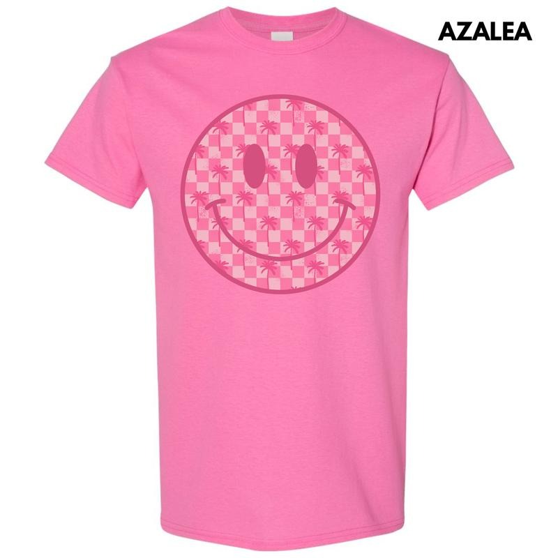 Palm Tree Checker Happy Face Gildan Short Sleeve T-Shirt 'NLB' Hoodie, Sweatshirt | RetroVerseTees.com