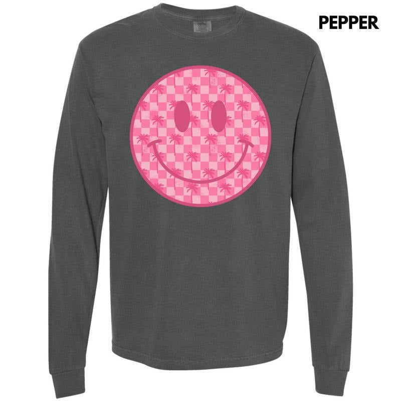 Palm Tree Checker Happy Face Long Sleeve Comfort Colors T-Shirt 'NLB' Hoodie, Sweatshirt | RetroVerseTees.com