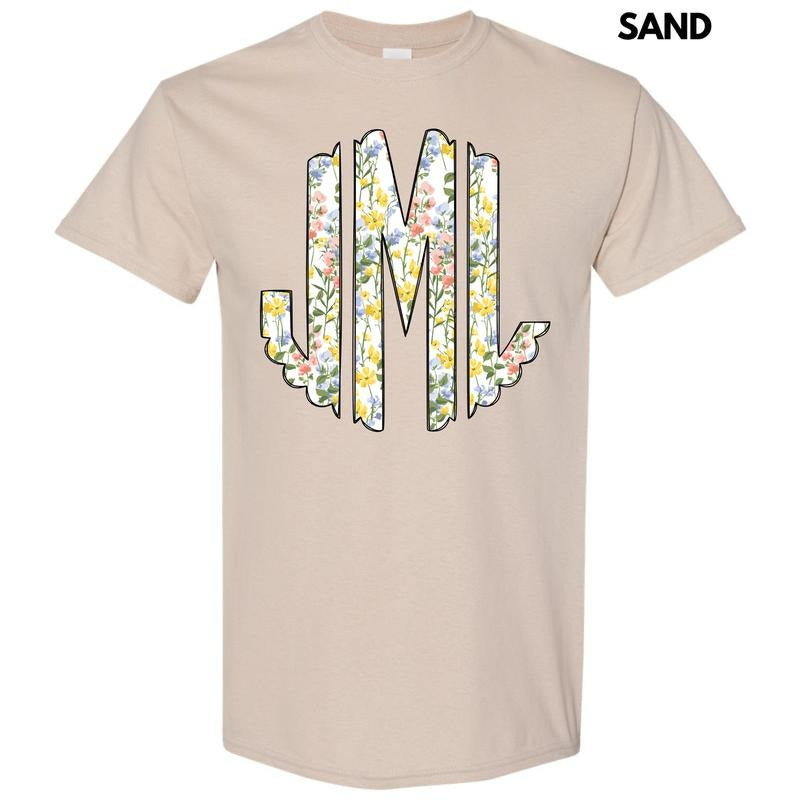 Pastel Blooms Monogram Gildan Short Sleeve T-Shirt 'NLB' Hoodie, Sweatshirt | RetroVerseTees.com