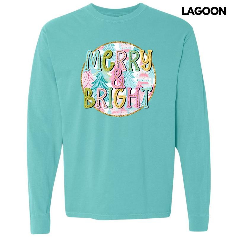 Pastel Merry & Bright Trees Long Sleeve Comfort Colors T-Shirt 'NLB' Hoodie, Sweatshirt | RetroVerseTees.com
