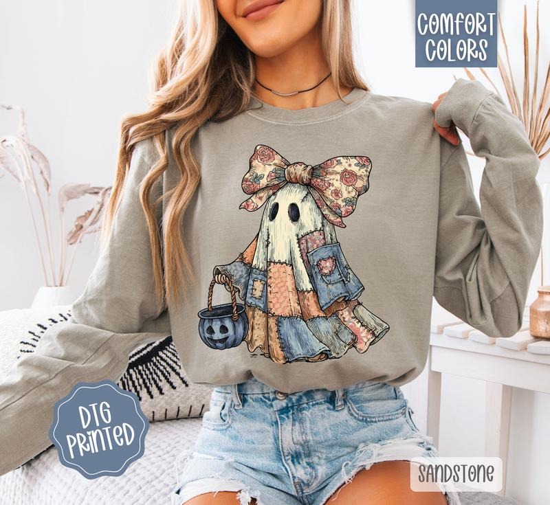 Patchwork Ghost Comfort Colors Long Sleeve T-Shirt, Cute Women's Halloween Tee Hoodie, Sweatshirt | RetroVerseTees.com