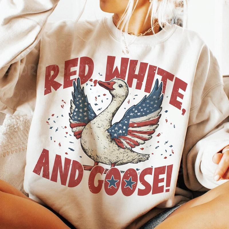 Patriotic 4th of July Goose Sweater, Retro Red White and Goose Funny Tee, America Coquette July 4th Independence Day...