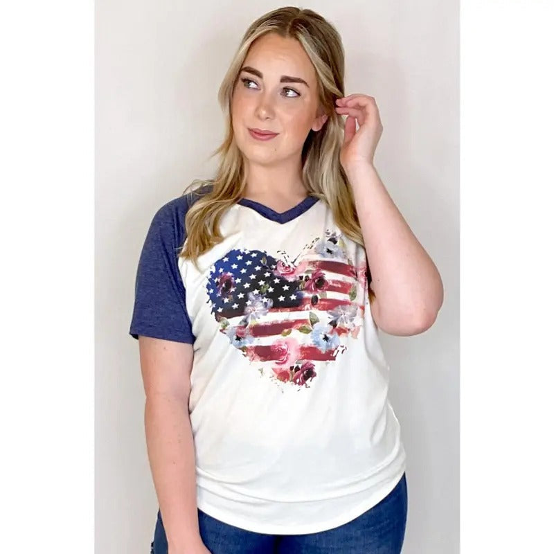 Patriotic Floral Heart V-Neck Cotton Fabric T-Shirts, Hoodie, Sweatshirt | RetroVerseTees.com