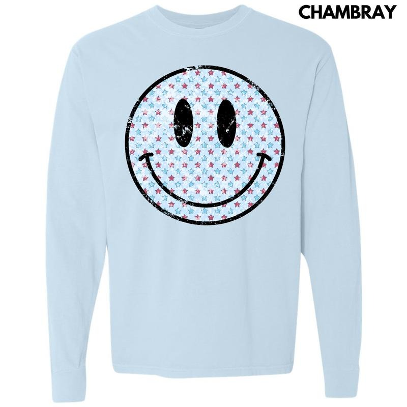 Patriotic Stars Happy Face Long Sleeve Comfort Colors T-Shirt 'NLB' Hoodie, Sweatshirt | RetroVerseTees.com
