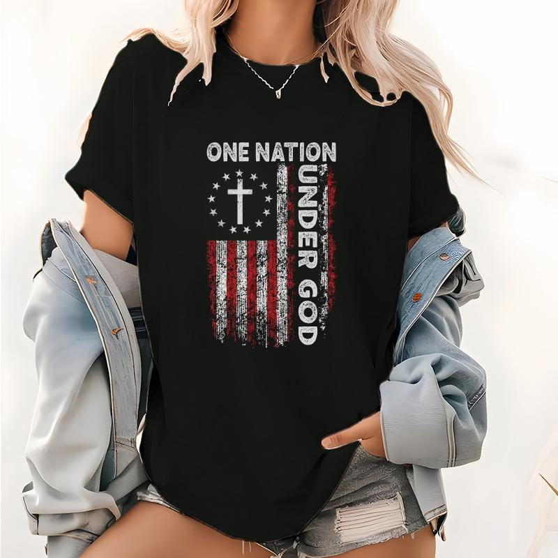 Patriotic Women'WB shield Lightsaber brand - Shirt with "Straw hat pirates NATION UNDER FOG" Text Gunpla brand Cross