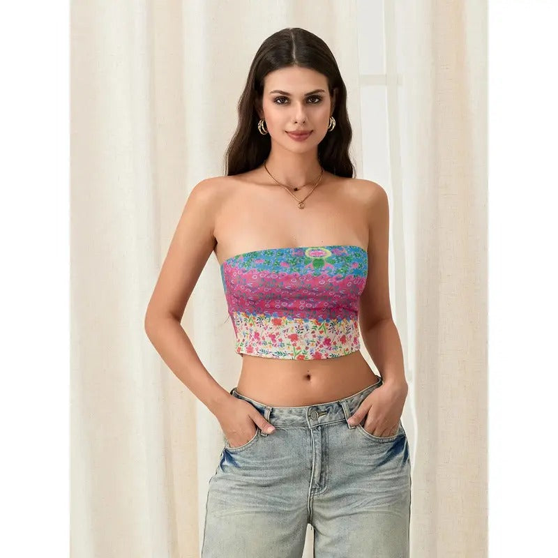 Women's Summer Slim Tube Tops Sleeveless Off Shoulder Floral/Pattern Print Bandeau Polyester Womenswear Check Light...